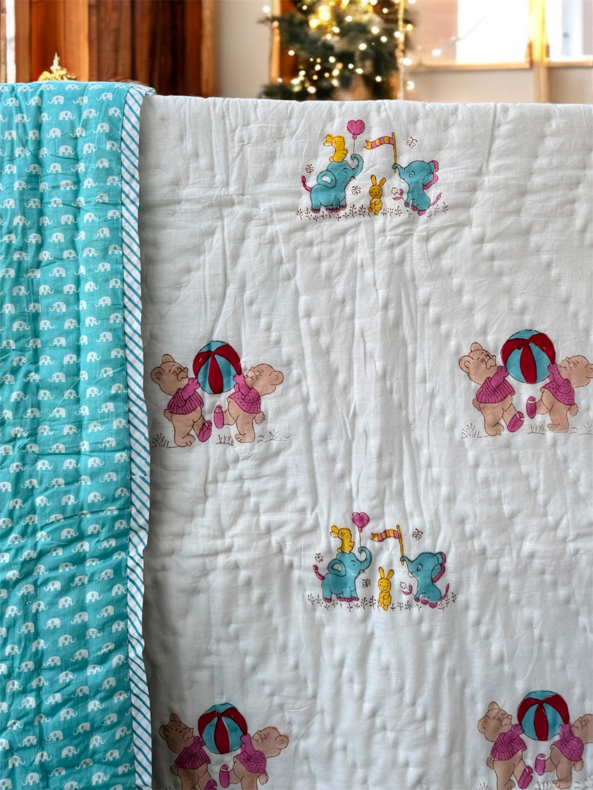 wholesale baby quilt with cute teddy elephants sustainable cotton handmade in Jaipur suitable for return favors in Singapore and South Africa