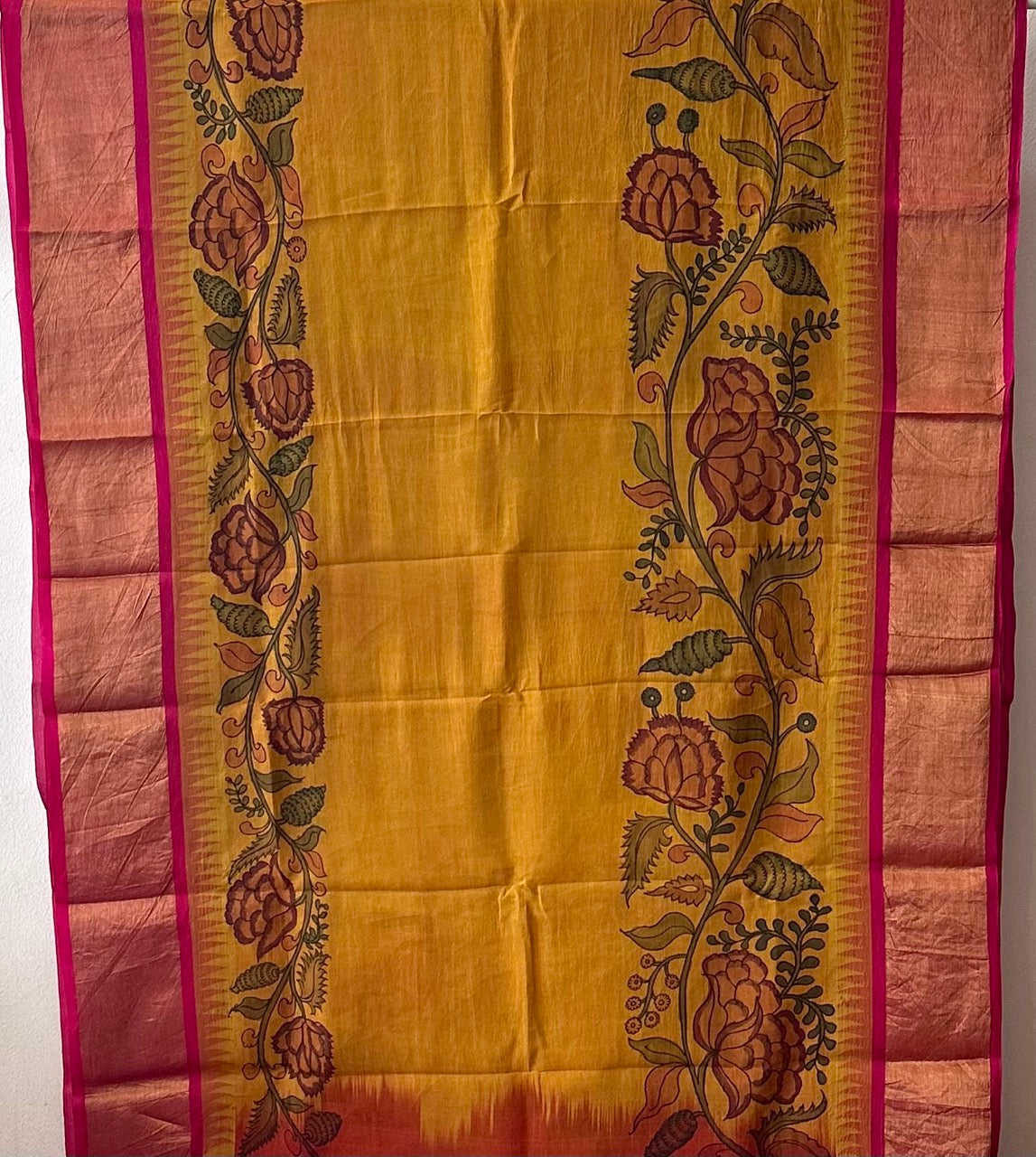 Floral Mustard yellow Cotton Silk Kalamkari Saree