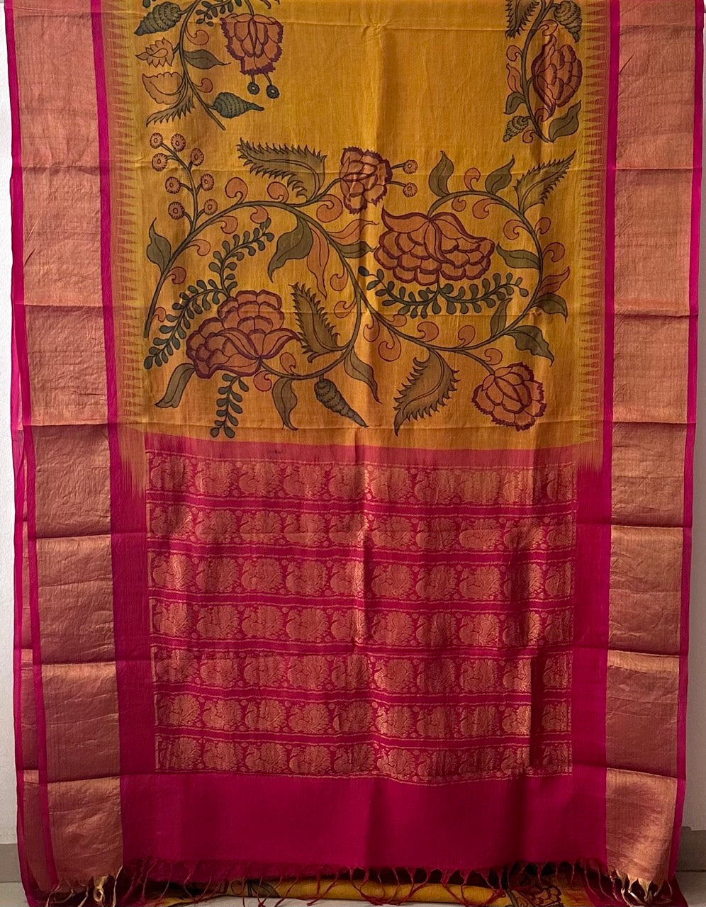 Floral Mustard yellow Cotton Silk Kalamkari Saree