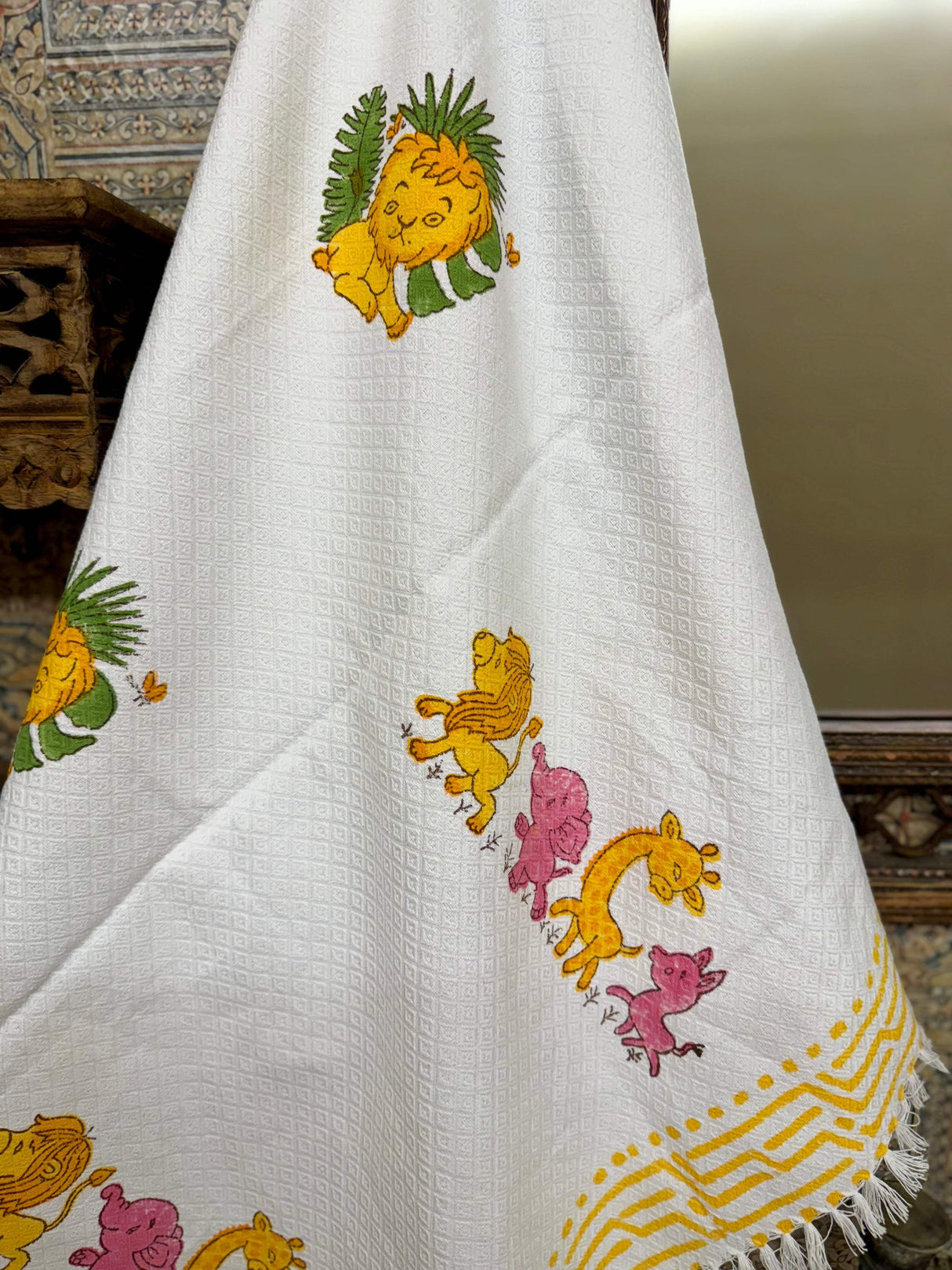 Jaipur Handblock Lion & Elephant Cotton Towel – Quick-Dry, Newborn Gifting