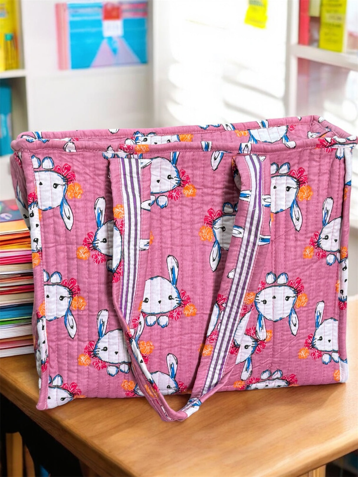 Quilted cotton tote bags for moms to carry diapers and baby essentials in India Personalized toddler-friendly tote bags with space for water bottles in UK