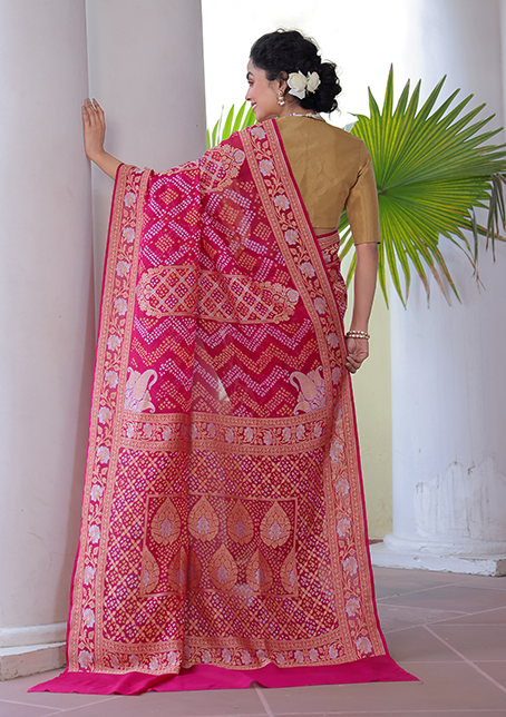 Magenta Pure Banarasi Gerogette Bandhani Saree