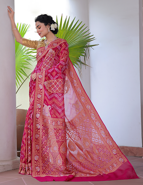 Magenta Pure Banarasi Gerogette Bandhani Saree