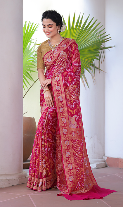 Magenta Pure Banarasi Gerogette Bandhani Saree