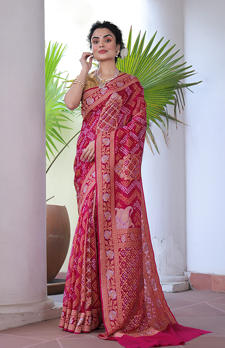 Magenta Pure Banarasi Gerogette Bandhani Saree