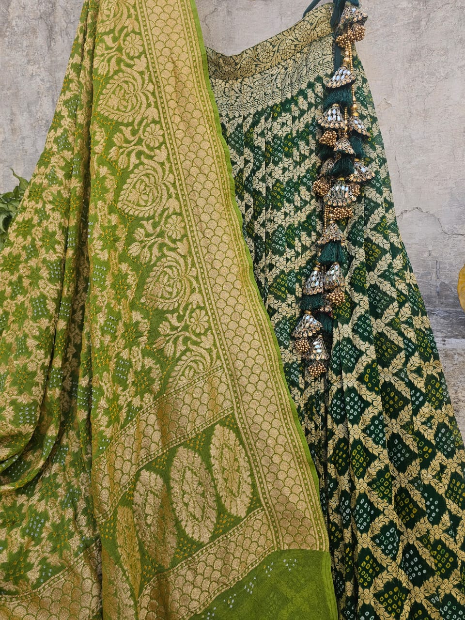 Mesmerizing Green Pure Banarsi Georgette Bandhani Lehenga with Light Green Dupatta