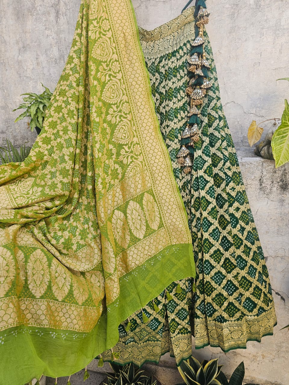 Mesmerizing Green Pure Banarsi Georgette Bandhani Lehenga with Light Green Dupatta
