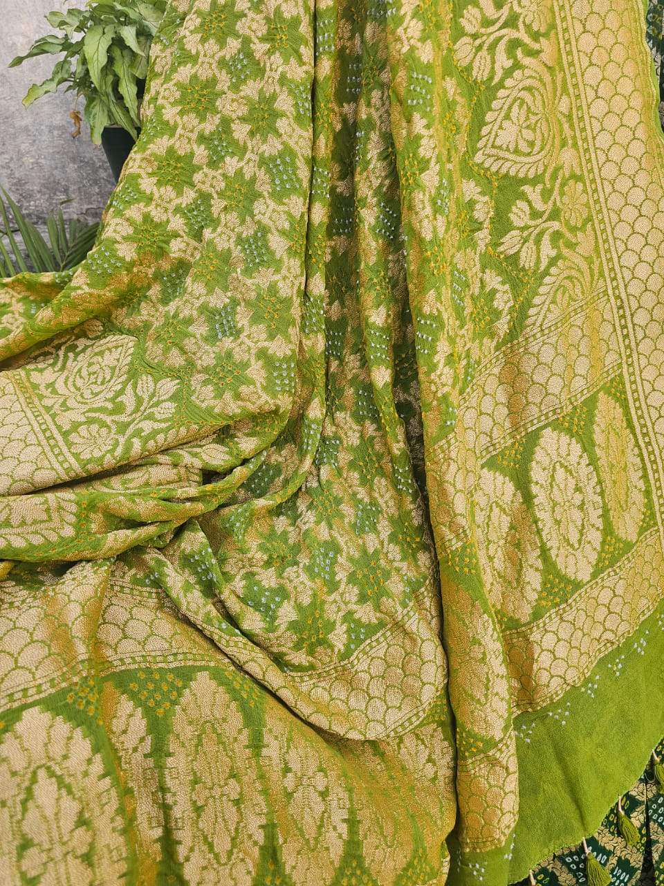 Mesmerizing Green Pure Banarsi Georgette Bandhani Lehenga with Light Green Dupatta