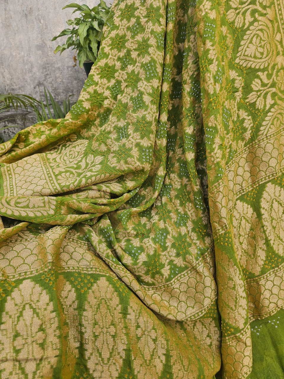 Mesmerizing Green Pure Banarsi Georgette Bandhani Lehenga with Light Green Dupatta