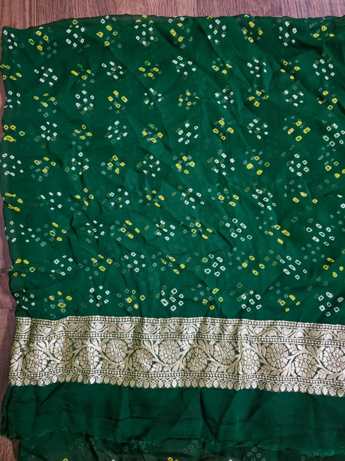 Mesmerizing Green Pure Banarsi Georgette Bandhani Lehenga with Light Green Dupatta