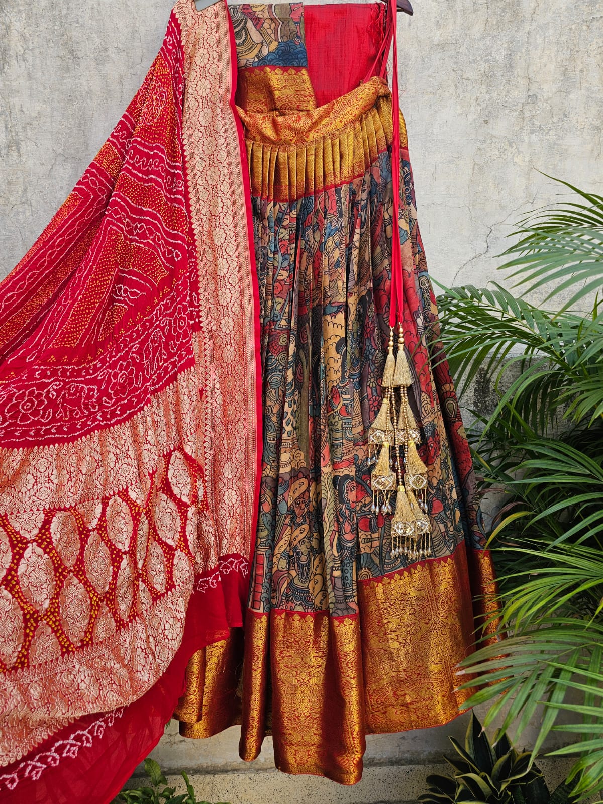 Mythological Theme Kanchi Pattu Kalamkari Lehenga with Georgette Bandhani Dupatta