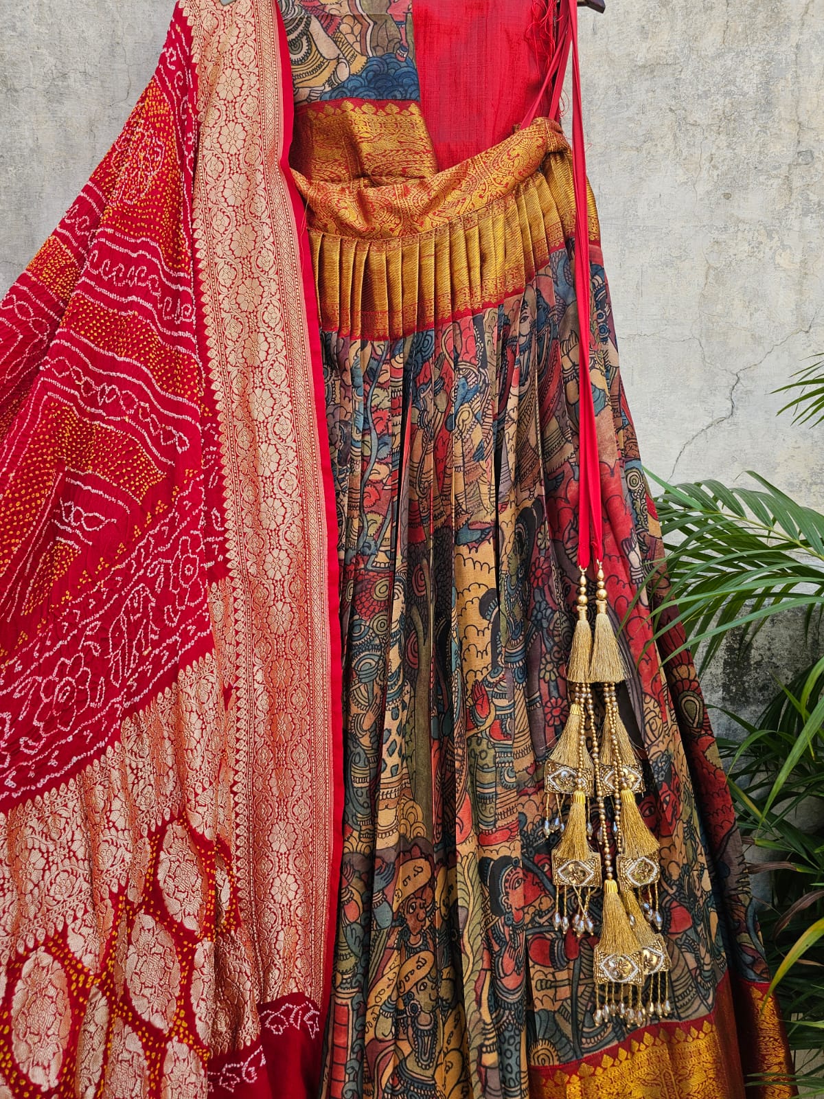 Mythological Theme Kanchi Pattu Kalamkari Lehenga with Georgette Bandhani Dupatta