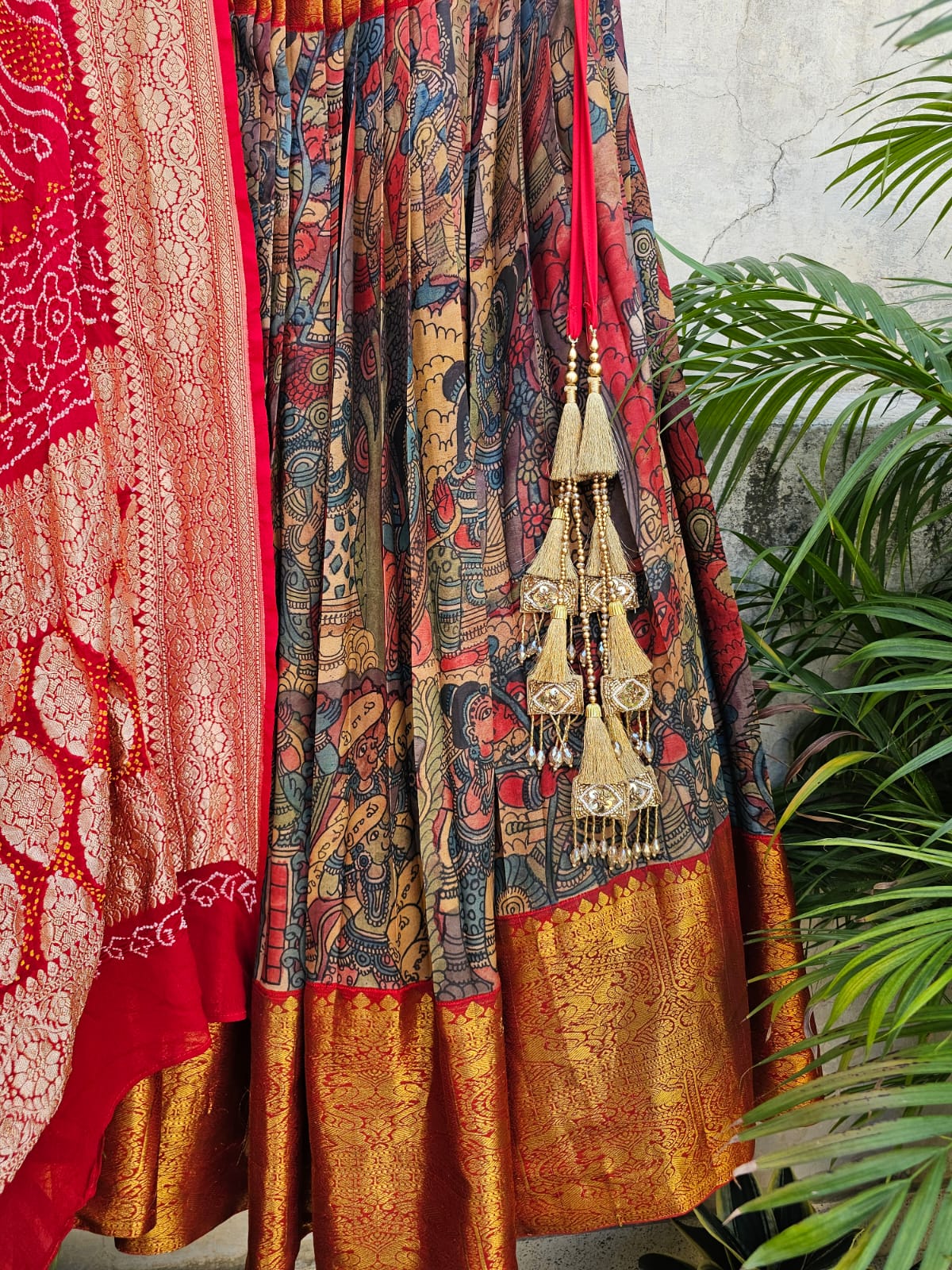 Mythological Theme Kanchi Pattu Kalamkari Lehenga with Georgette Bandhani Dupatta