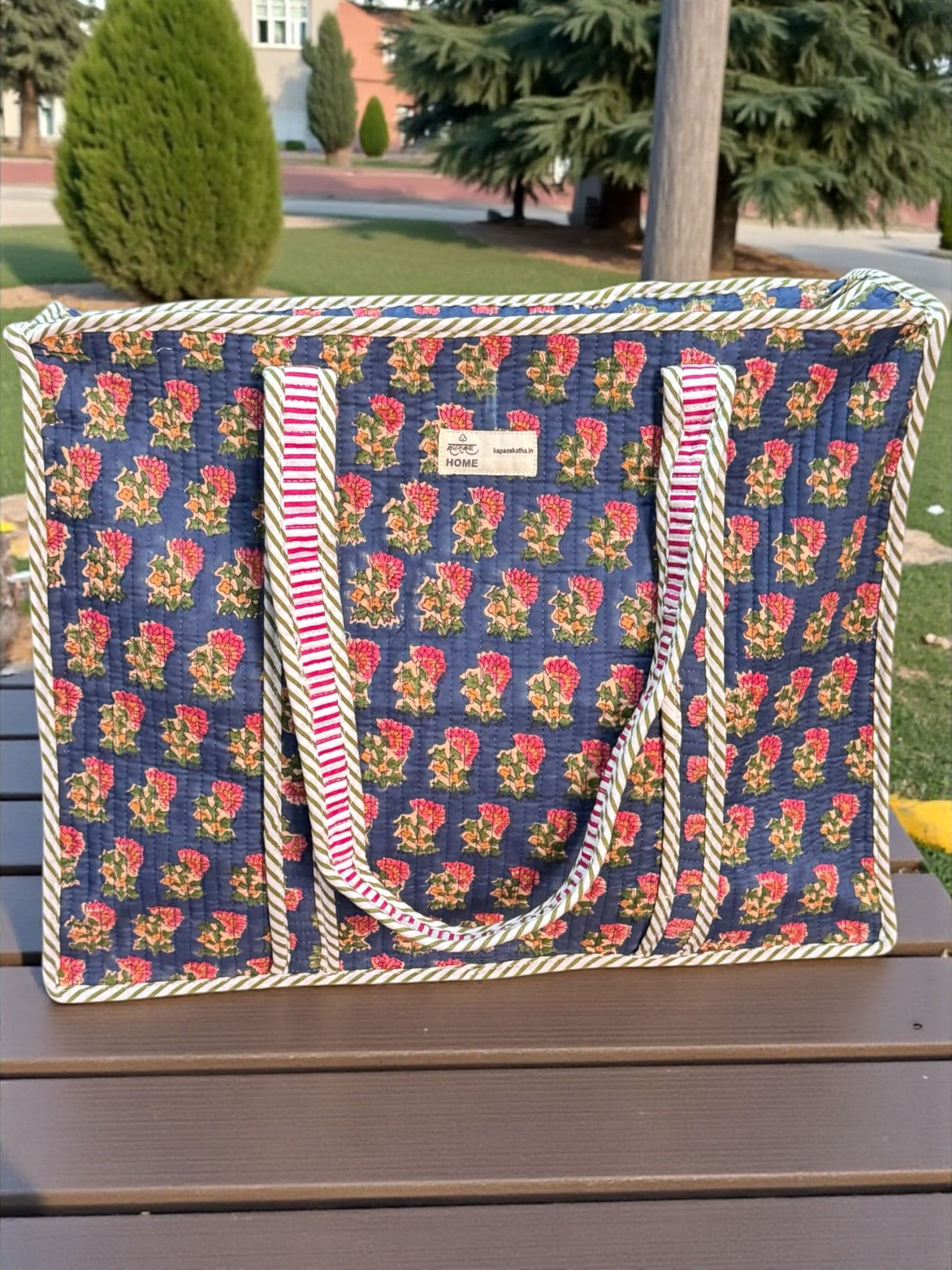 Classic Navy Blue Floral Block Print Handcrafted Tote Bag (with Zip Closure)