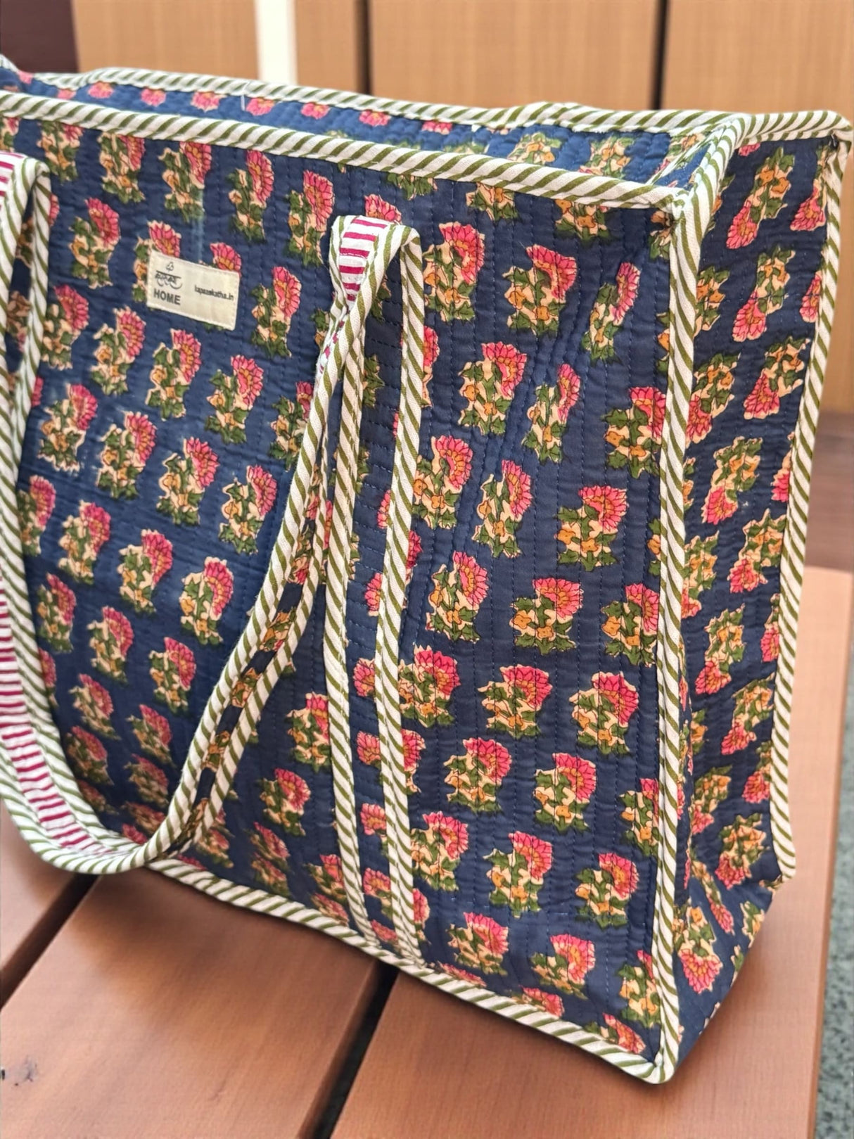 Classic Navy Blue Floral Block Print Handcrafted Tote Bag (with Zip Closure)