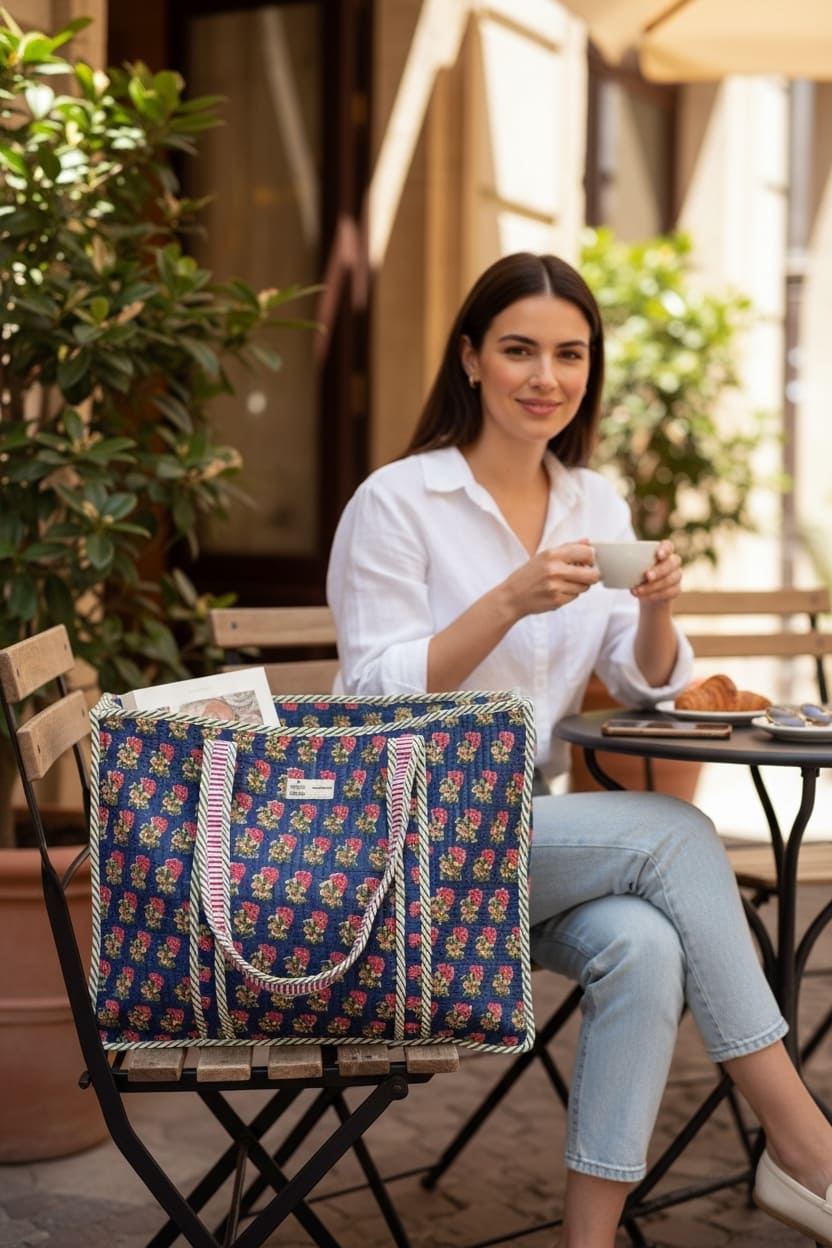 Classic Navy Blue Floral Block Print Handcrafted Tote Bag (with Zip Closure)
