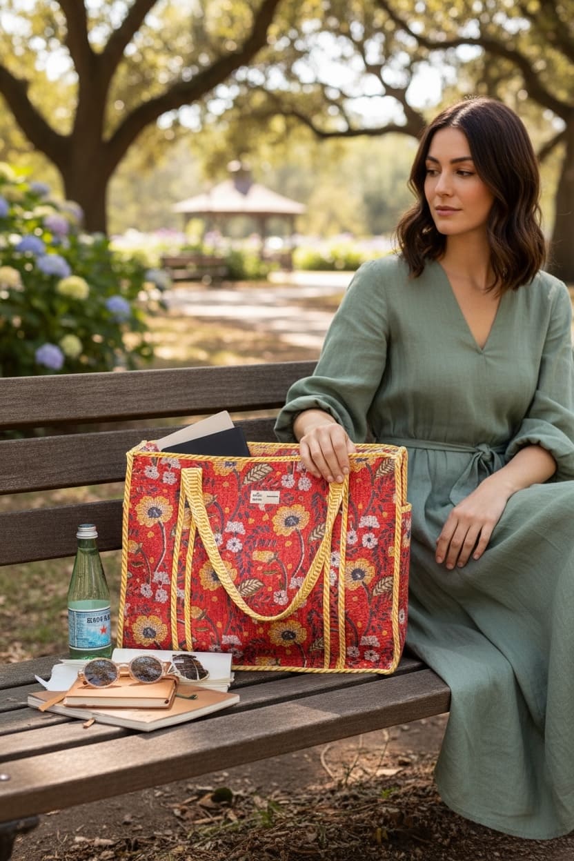 Stylish Red Floral Block Print | Handcrafted Tote Bag
