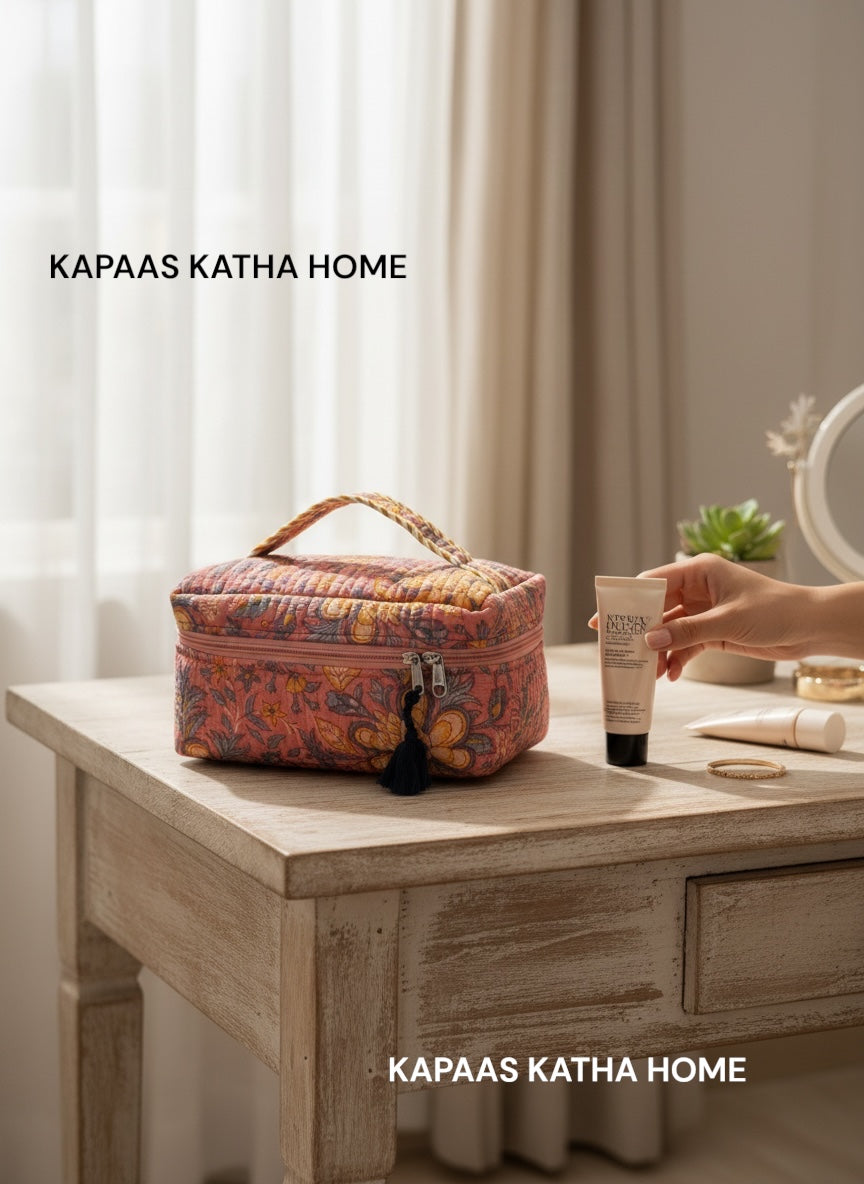 Everyday Use Cotton Handcrafted Multipurpose Toiletry Vanity Bag (with Zip Closure)
