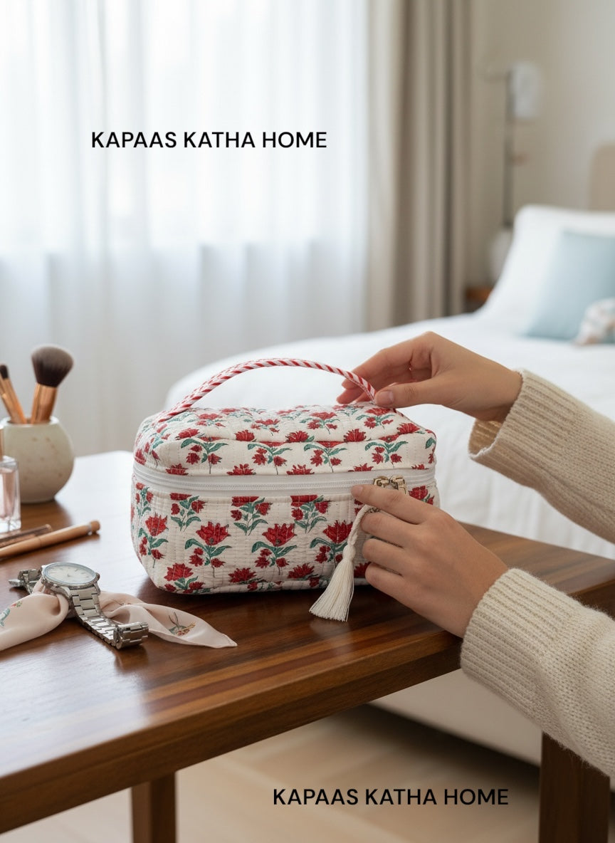 Easy Carry Lightweight Handcrafted Quilted Vanity Bag (with Zip Closure)