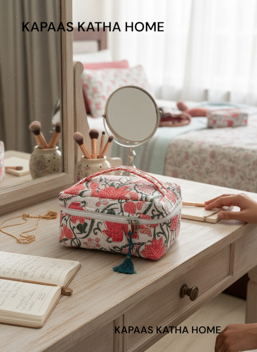 Evergreen Floral Block Print Jaipur Handmade Vanity Bag (with Zip Closure)