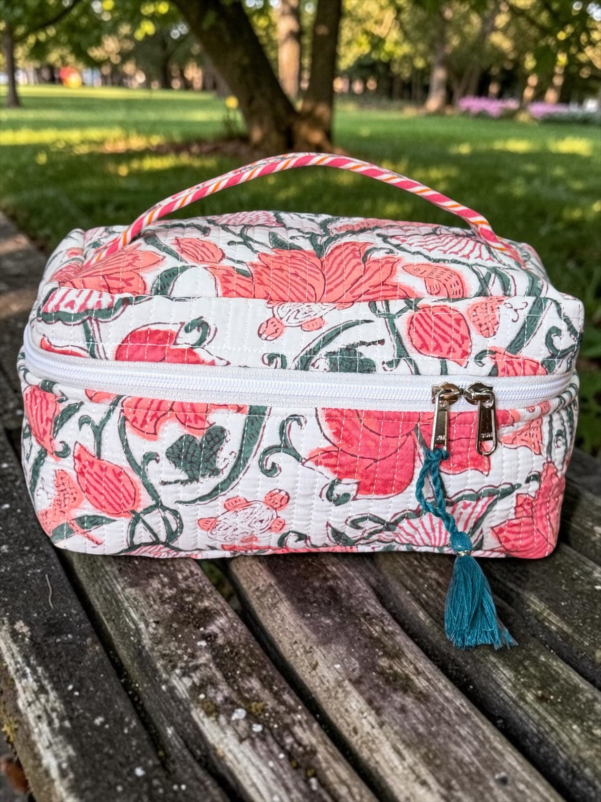 Evergreen Floral Block Print Jaipur Handmade Vanity Bag (with Zip Closure)