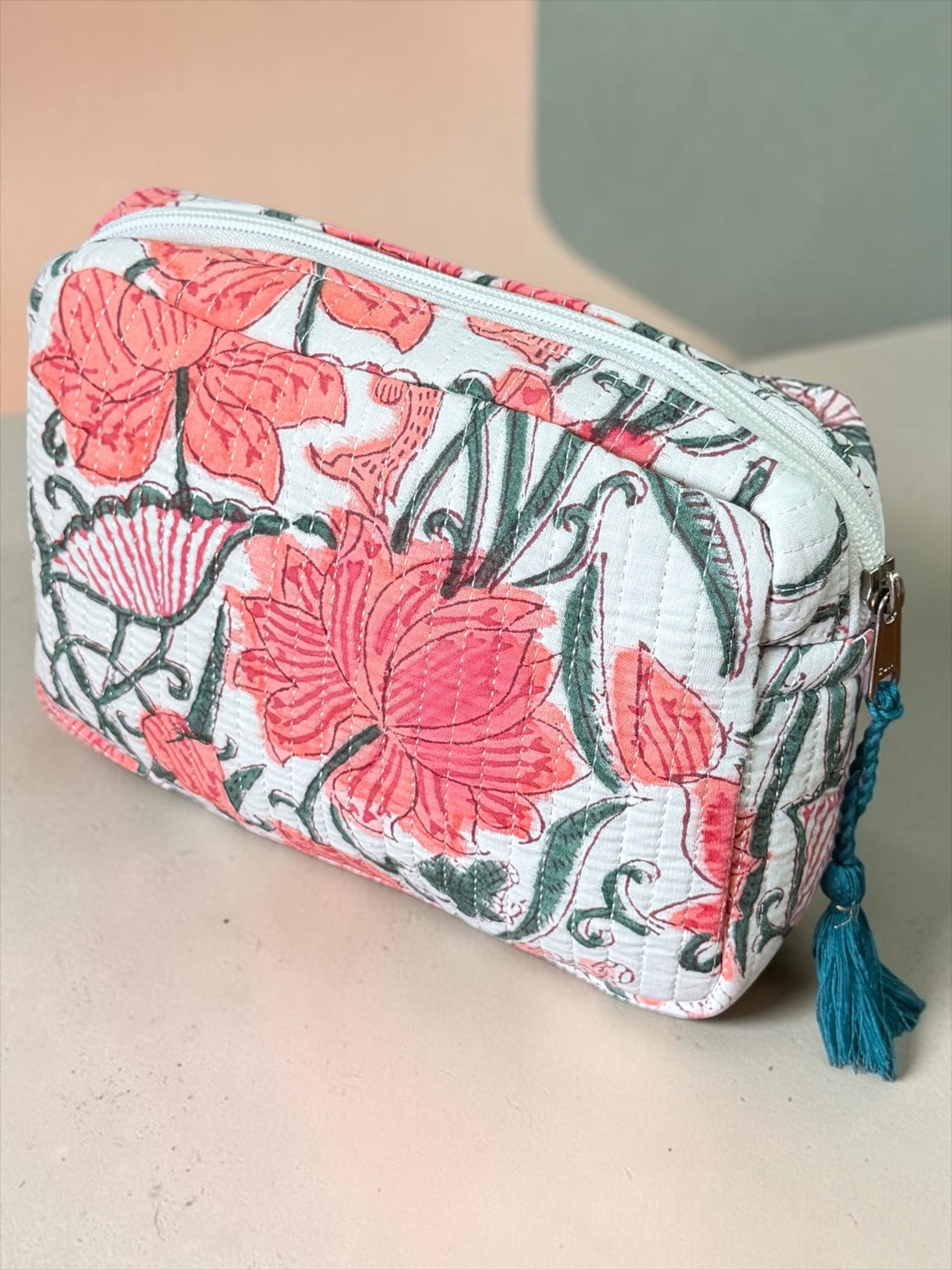 Evergreen Floral Block Print Handcrafted Multipurpose Travel Pouch (with Zip Closure)