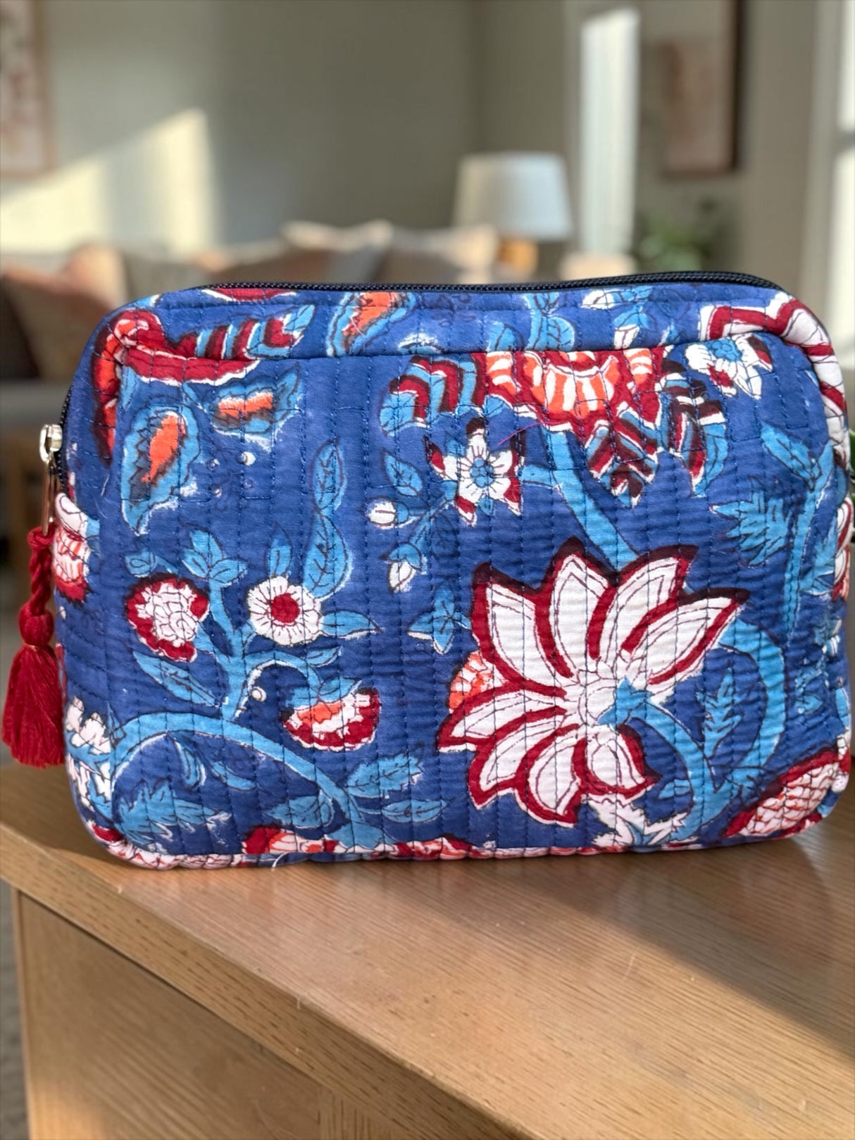 Vibrant Lightweight Floral Block Print Handcrafted Quilted Pouch (with Zip Closure)