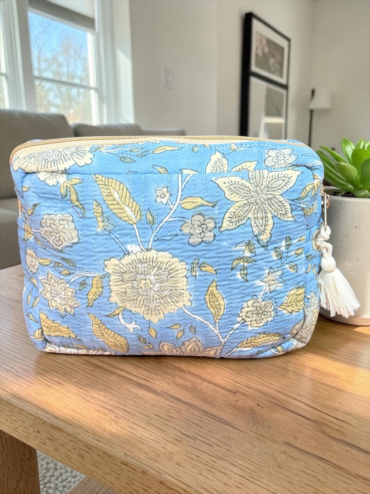 Elegant Spacious Floral Block Print Handcrafted Utility Pouch(with Zip Closure)