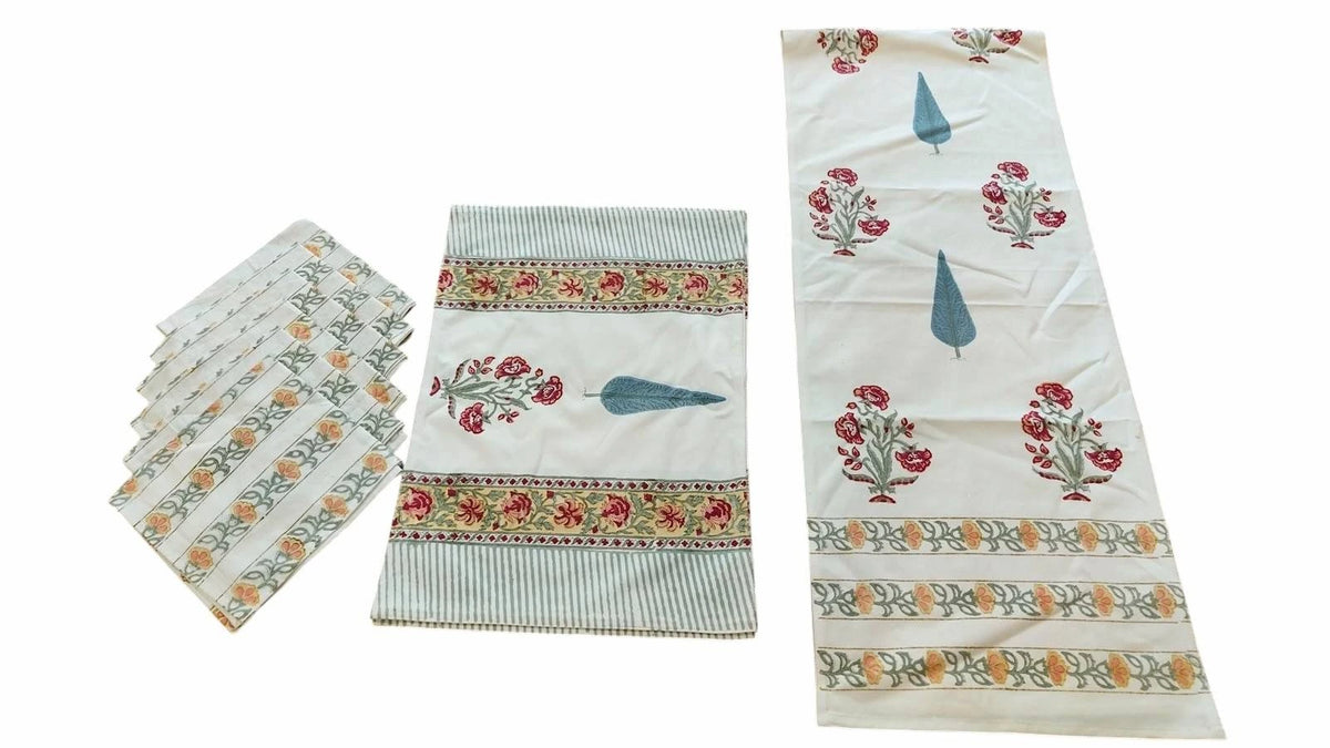 Red Floral & Blue Leaf Printed Six Seater Table Runner, Six Mats and Six Napkin Set