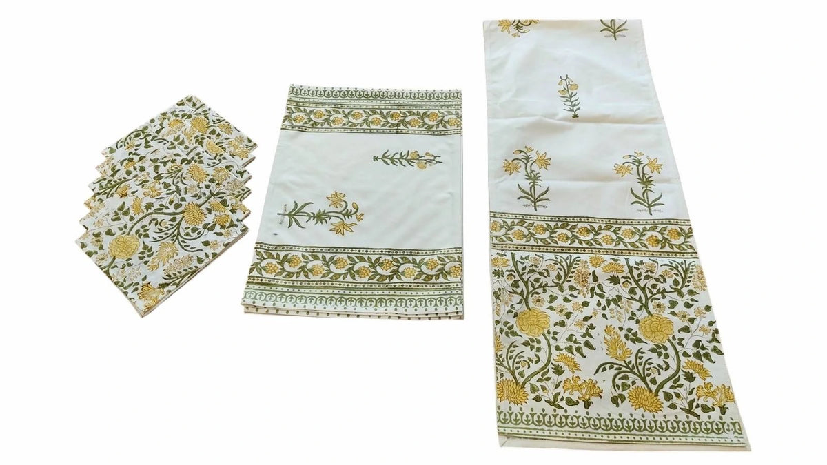 Yellow Floral Handblock Printed Six Seater Table Runner, Six Mats and Six Napkin Set