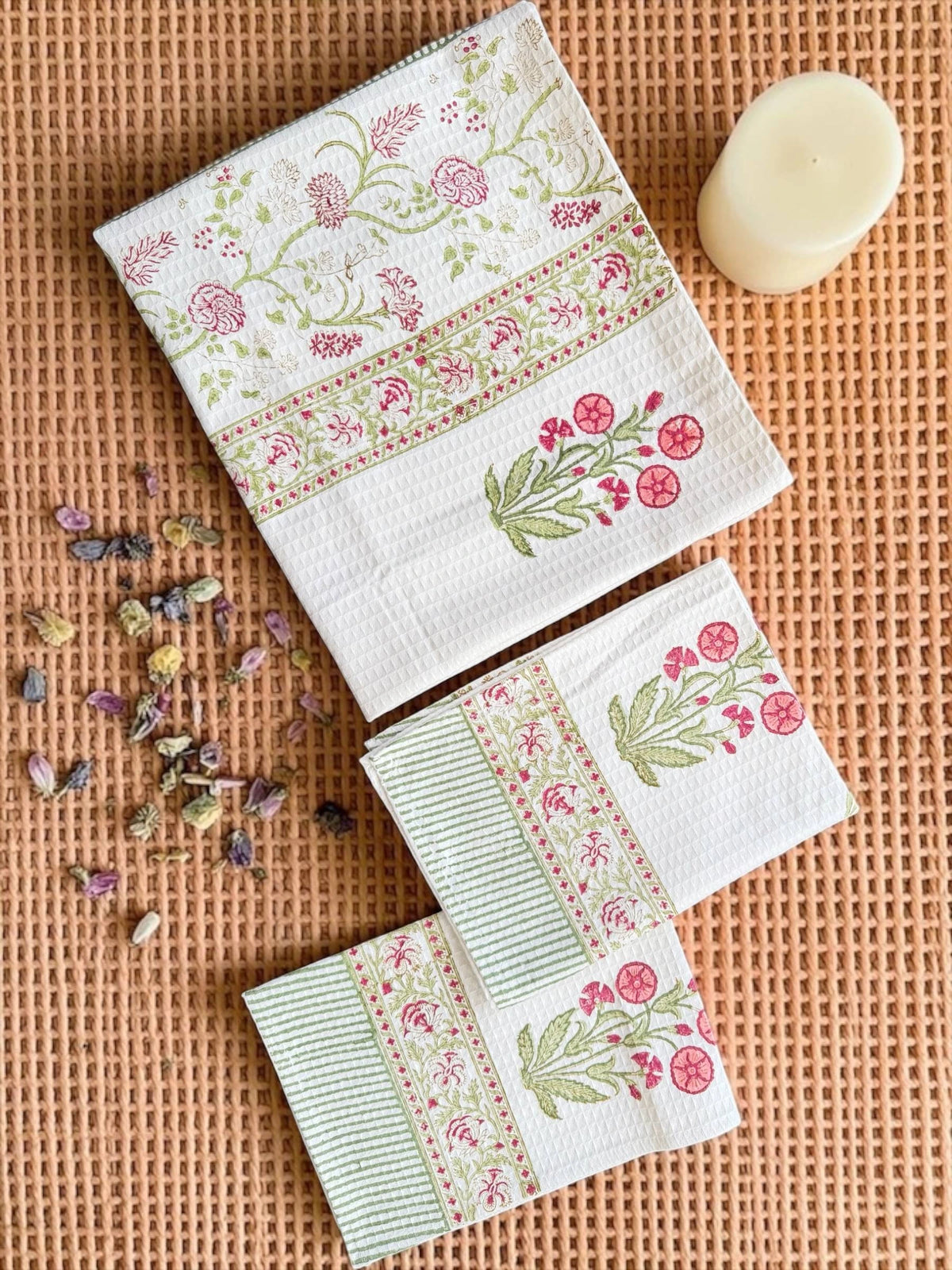 Tulip Garden Handblock Printed Waffle Weave Cotton Towel Set (1 Bath, 2 Hand)