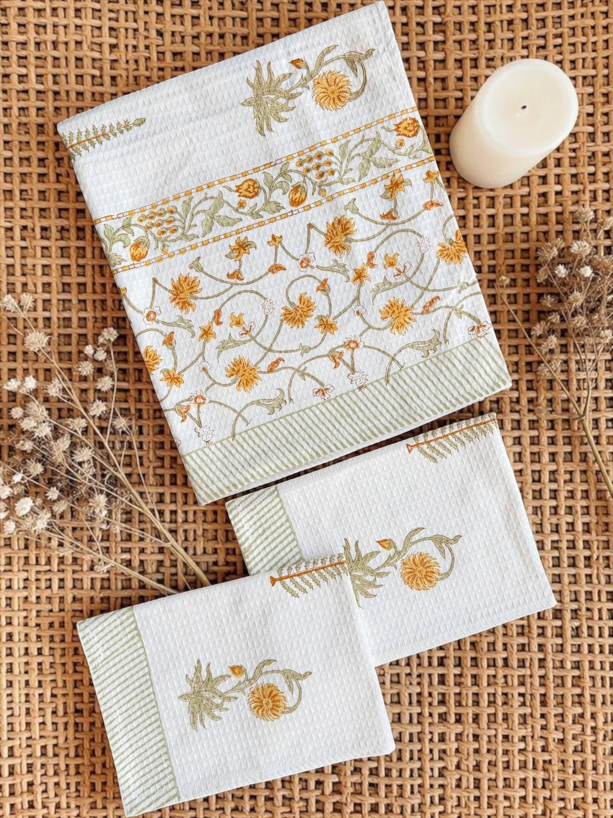 Golden Fern Handblock Printed Waffle Weave Cotton Towel Set (1 Bath, 2 Hand)