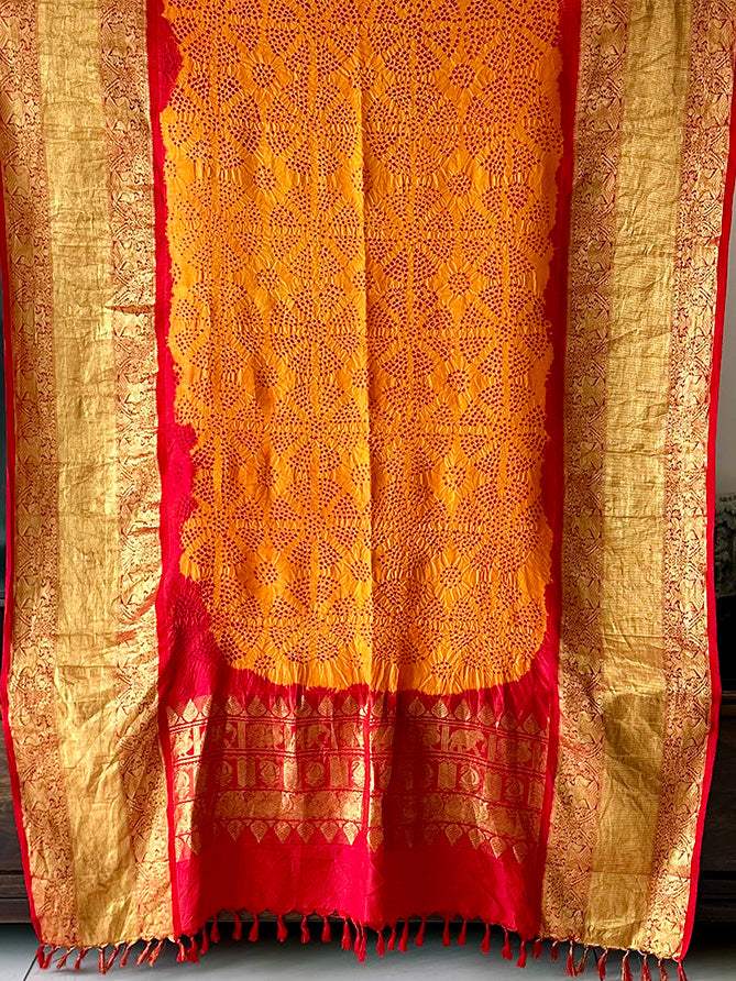 Resham Raag - Red and Orange Kanjivaram Silk Bandhani Dupatta