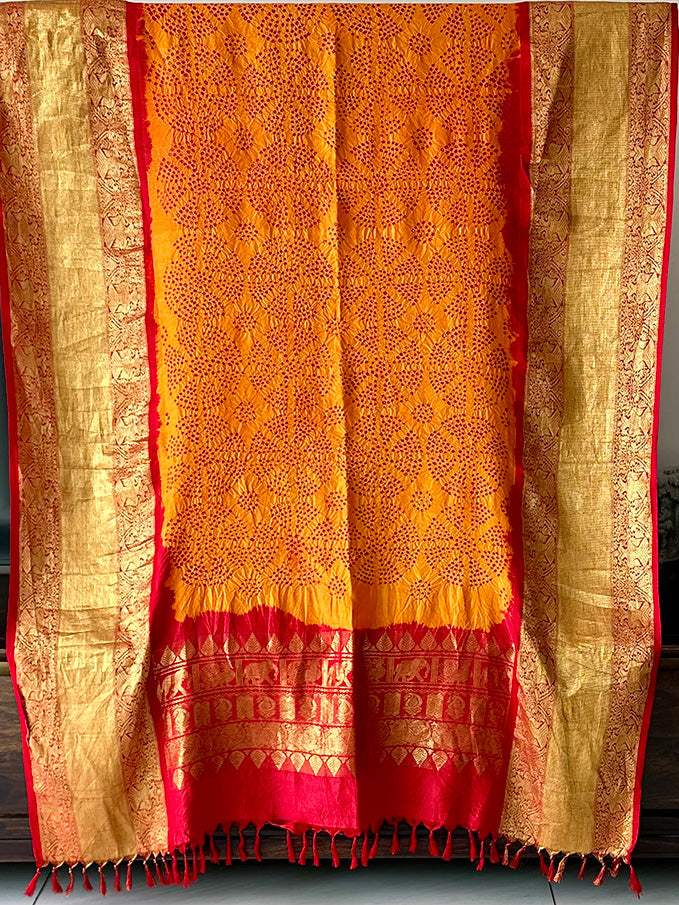 Resham Raag - Red and Orange Kanjivaram Silk Bandhani Dupatta