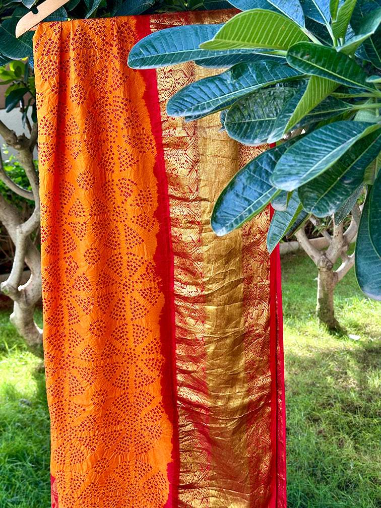 Resham Raag - Red and Orange Kanjivaram Silk Bandhani Dupatta