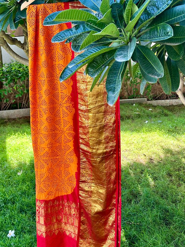 Resham Raag - Red and Orange Kanjivaram Silk Bandhani Dupatta