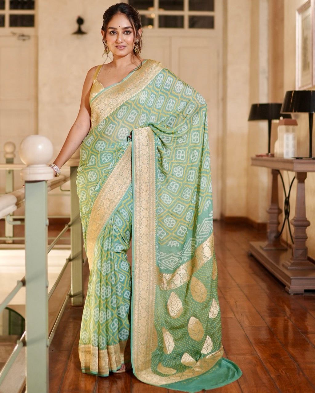 Serene Green Banarasi Georgette Bandhani Saree