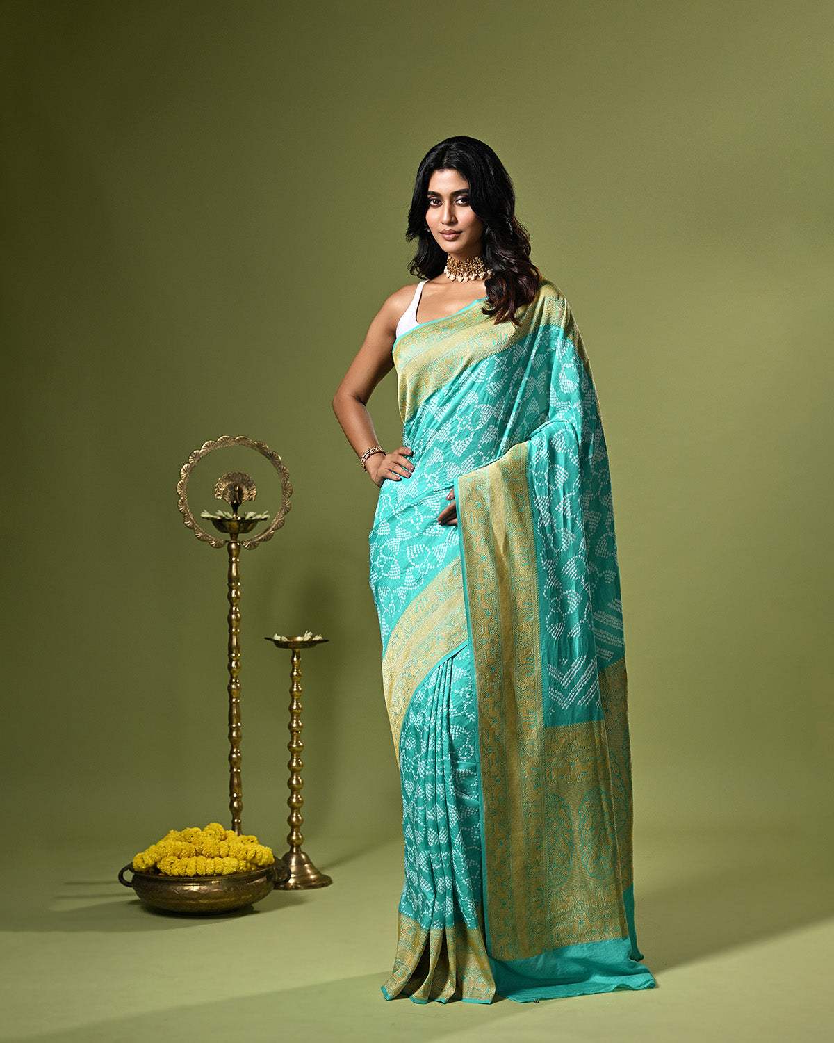 Sea Green Pure Banarsi Silk Bandhani Saree