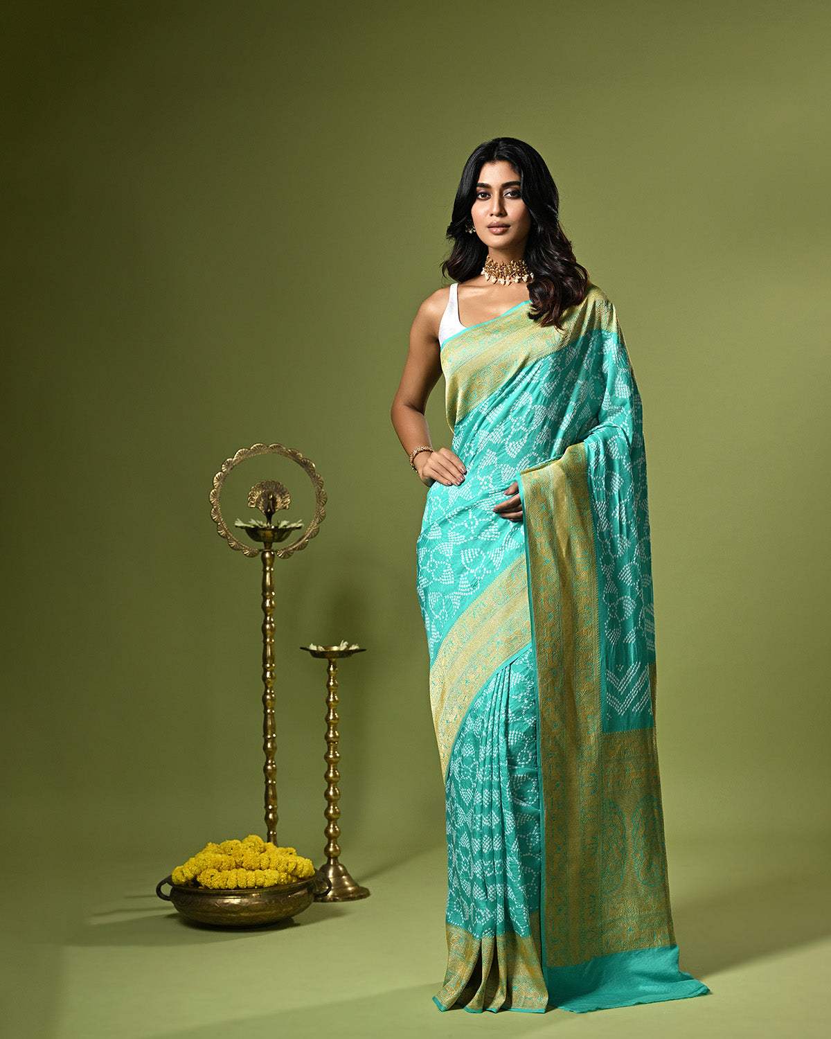 Sea Green Pure Banarsi Silk Bandhani Saree