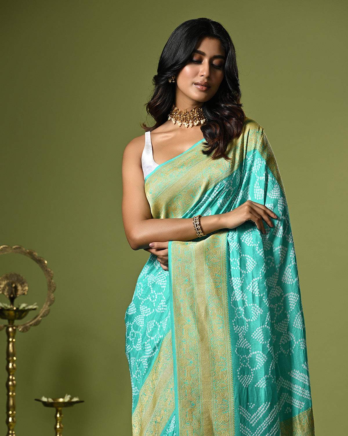 Sea Green Pure Banarsi Silk Bandhani Saree