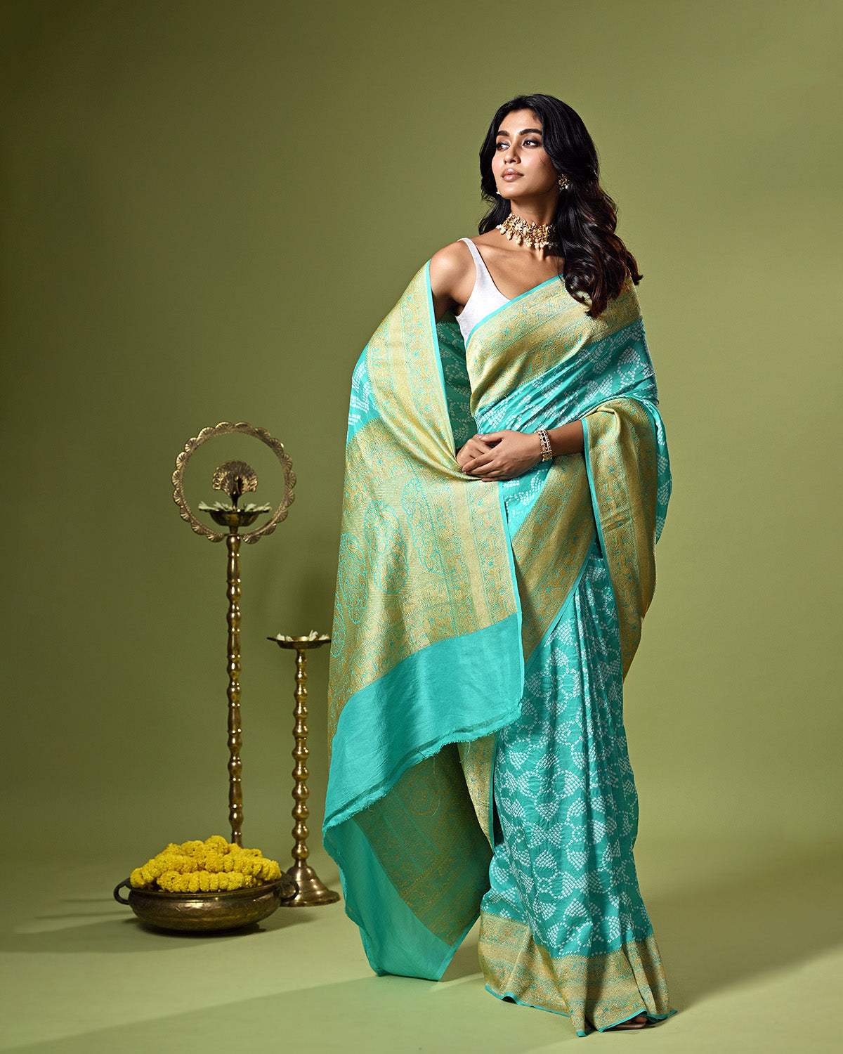 Sea Green Pure Banarsi Silk Bandhani Saree