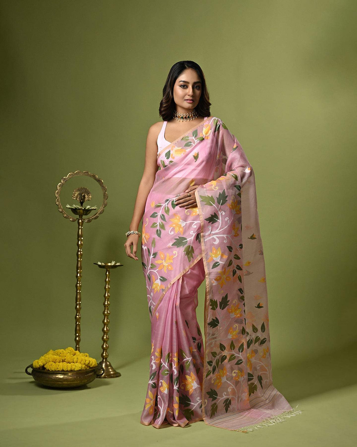 Pink Handloom Muslin Silk Saree with Jamdani weaving