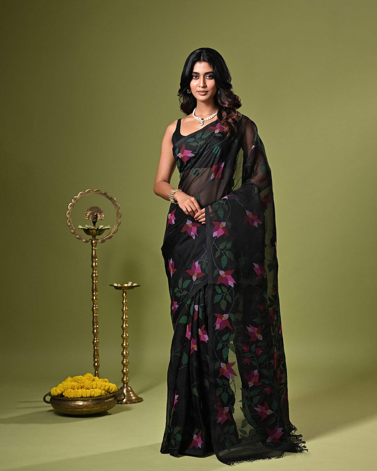 Black Handloom Muslin Silk Saree with Jamdani weaving