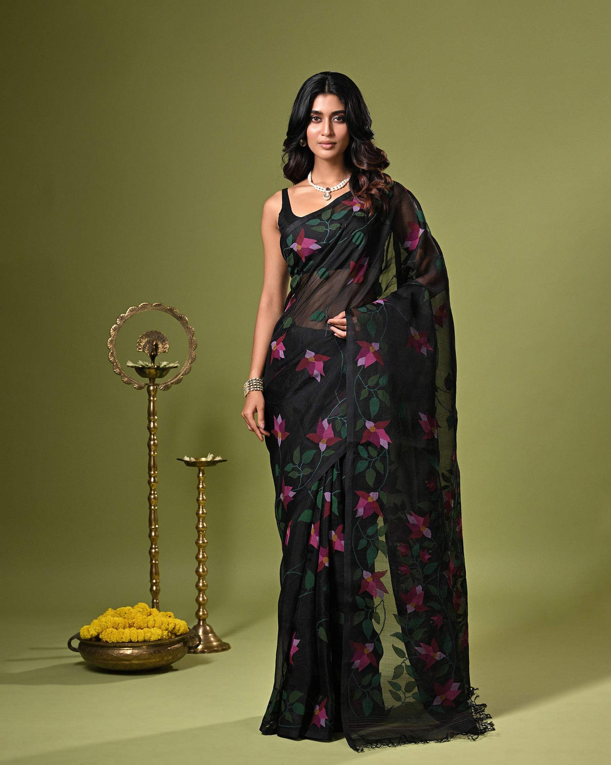 Black Handloom Muslin Silk Saree with Jamdani weaving