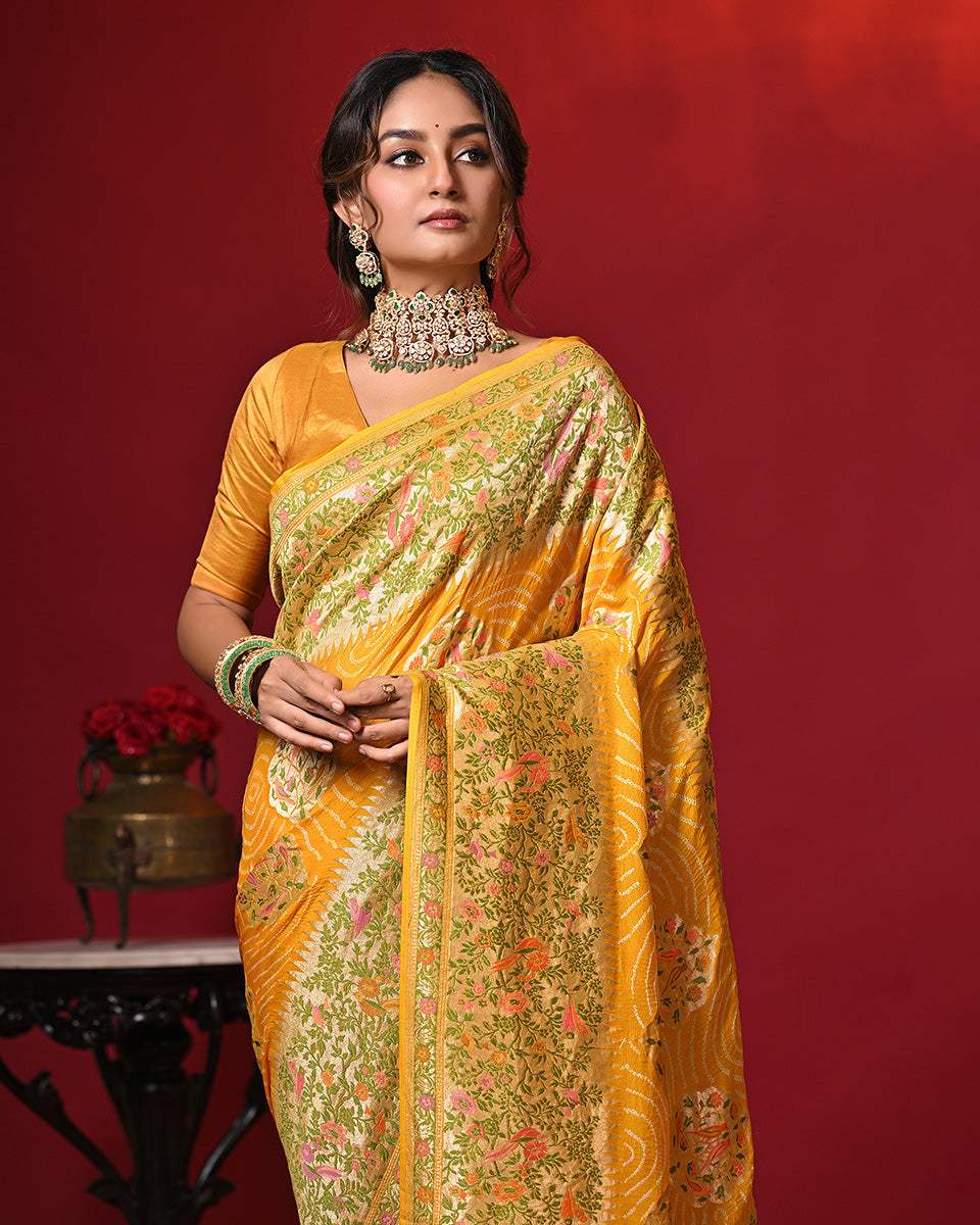 Mango Yellow Floral Handloom Pure Banarsi Georgette Bandhani Saree