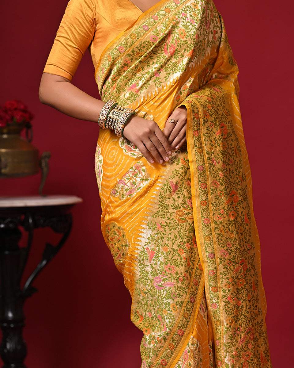 Mango Yellow Floral Handloom Pure Banarsi Georgette Bandhani Saree