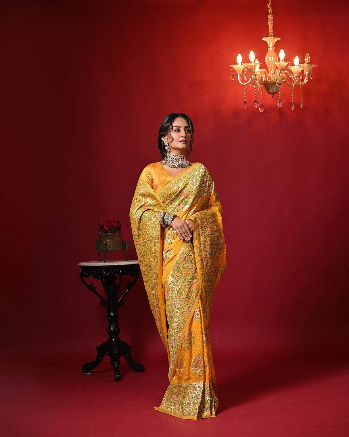 Mango Yellow Floral Handloom Pure Banarsi Georgette Bandhani Saree
