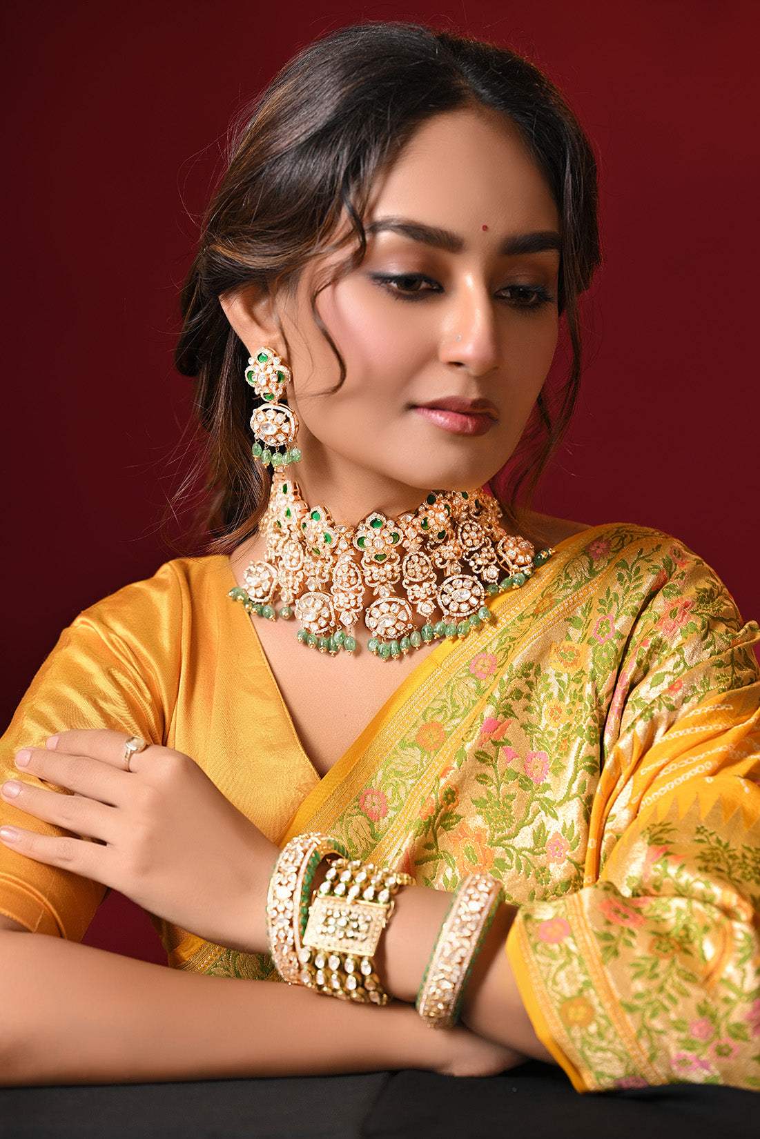 Maharani Sitara Royal and Celestial Handcrafted 925 SIlver Moissanite Polki Necklace and Earrings