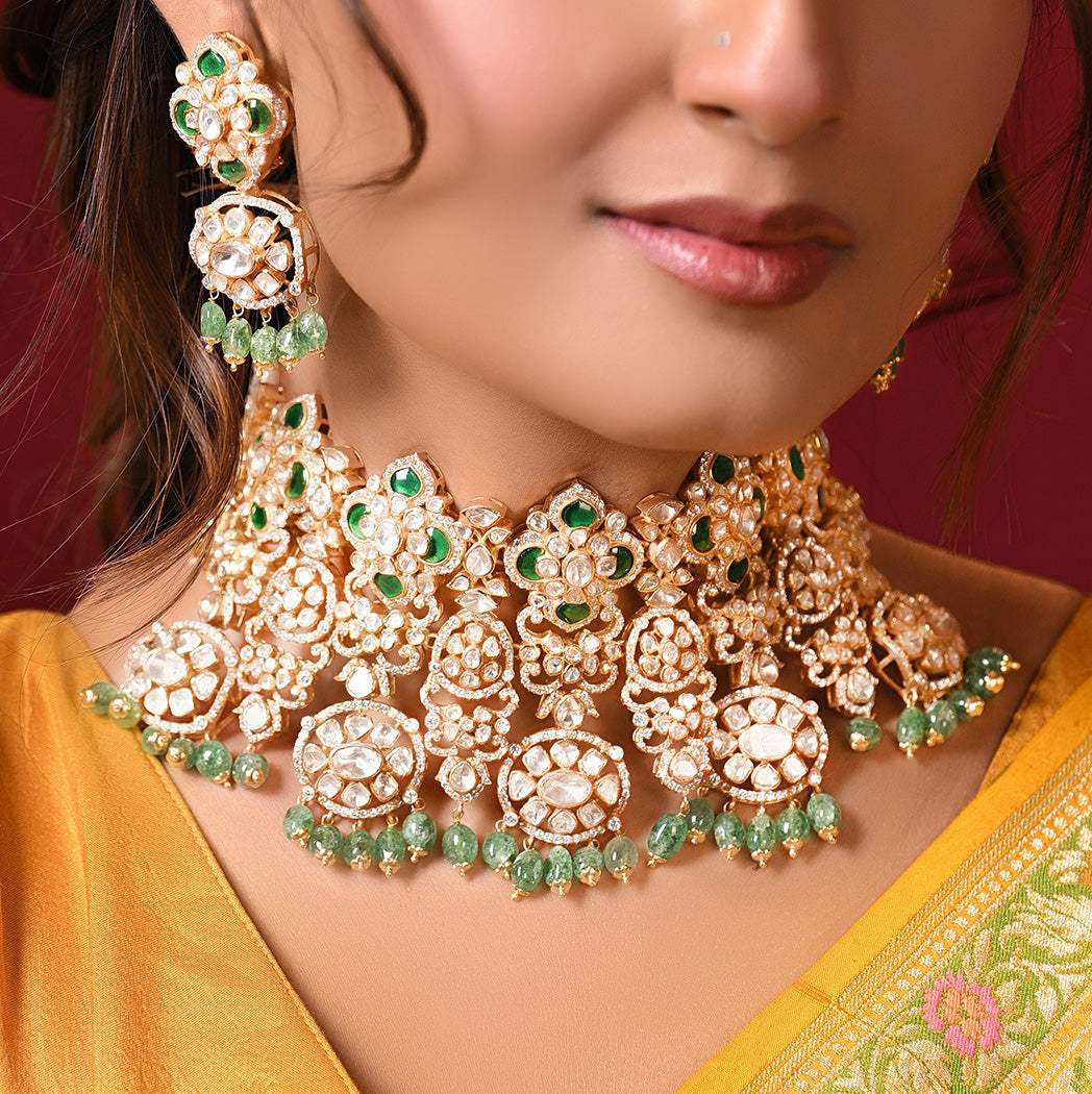 Maharani Sitara Royal and Celestial Handcrafted 925 SIlver Moissanite Polki Necklace and Earrings