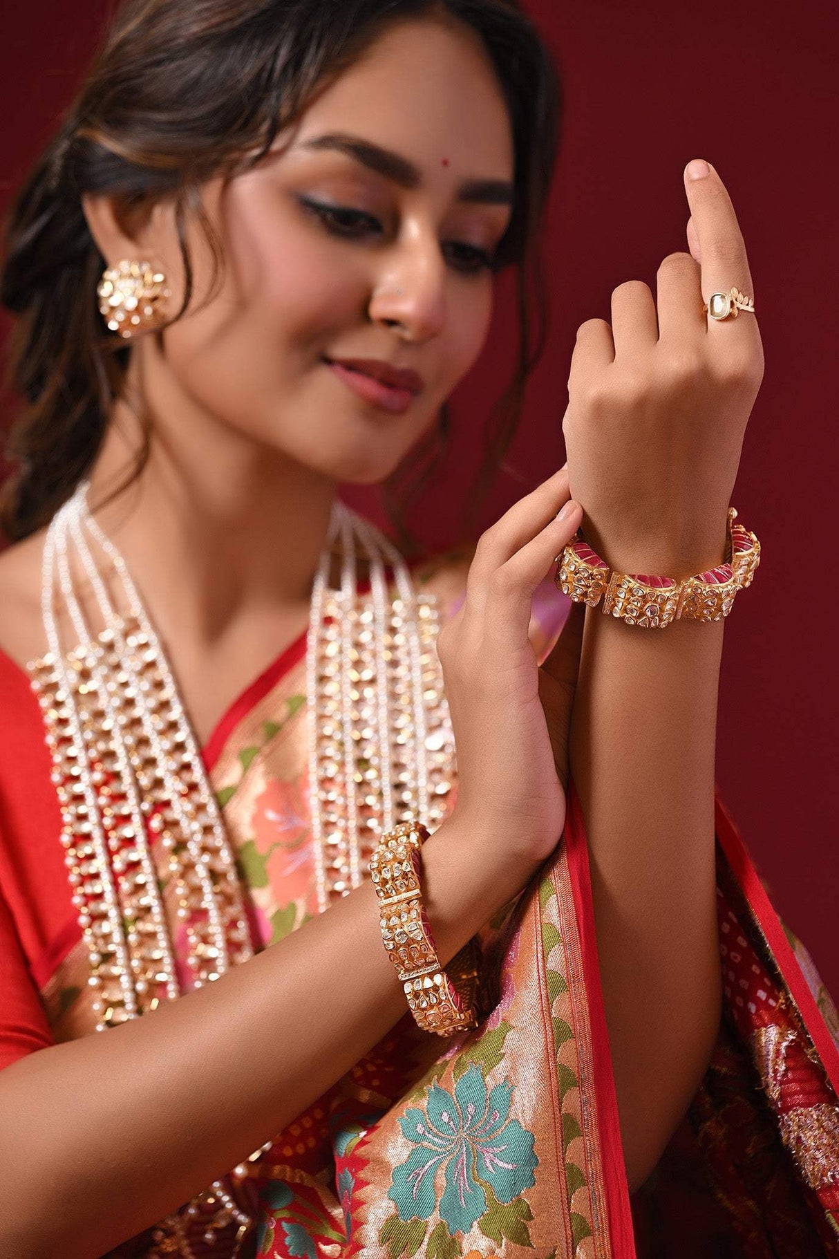 Ziva Polki Treasures - 92.5 Silver Ruby Gajra Kadas with Moissanite Polki